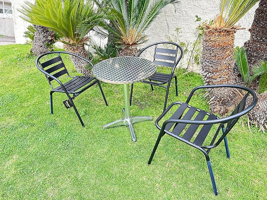 Indoor Outdoor 23.75" Restaurant Stainless Steel Aluminum Metal Slat Stack Commercial Lightweight, 3 Chairs with a Round Table, Silver/Black