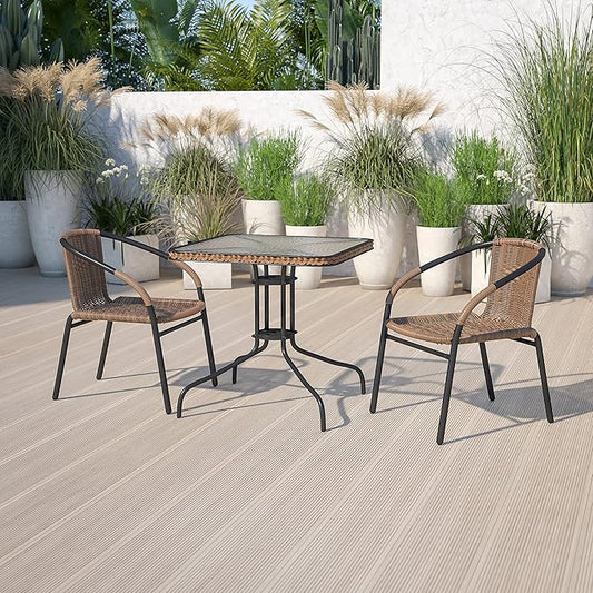 Flash Furniture Lila 3-Piece 28" Square Indoor/Outdoor Patio Table and Chairs Set, Glass Metal Bistro Table and 2 Stacking Rattan Chairs, Brown