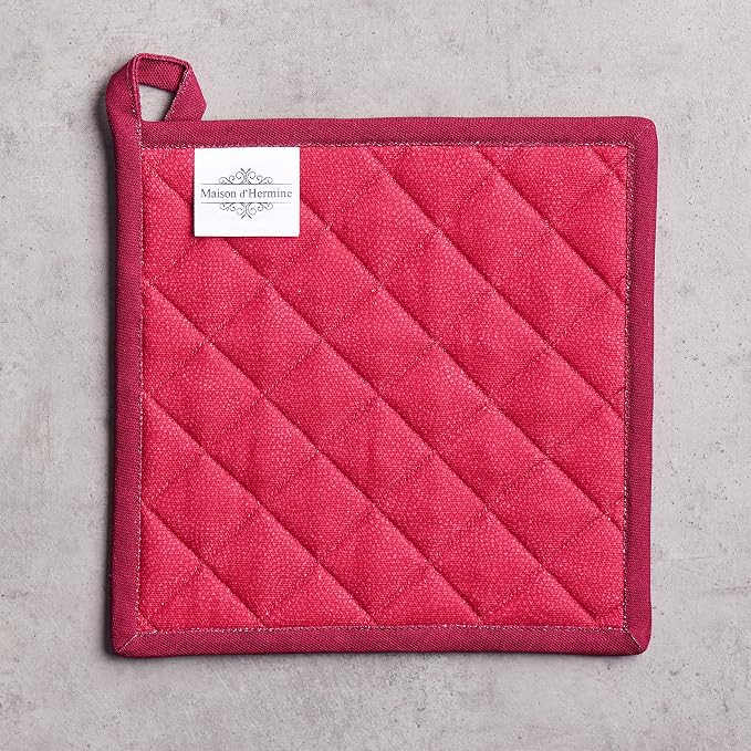Maison d' Hermine Pot Holders 100% Cotton Potholders (8" x 8", Pack of 2) | Heat Resistant Hot Pads with Loop BBQ Cooking Baking Hotel Kitchen Handling Hot Pans Thanksgiving Christmas - Versailles