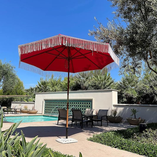 FORMOSA 9ft 6 Rib Market Luxury Patio Umbrella Replacement Canopy - 300D UV Protective and Water Resistant Patio Fade Resist Top Fabric Cloth - Umbrella Replacement Cover CANOPY ONLY (Red Tassels)