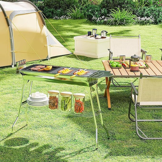 Portable Light Steel Charcoal Barbecue Grill Featuring Foldable Design, Silver Color, Compact Form, Durable Material, and Simple Assembly