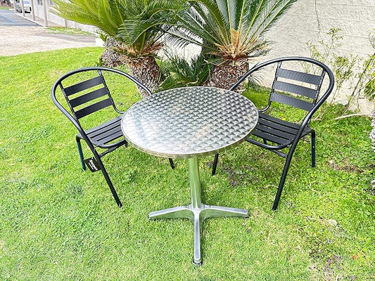 Indoor Outdoor 23.75" Restaurant Stainless Steel Aluminum Metal Slat Stack Commercial Lightweight, 2 Chairs with a Round Table, Silver/Black