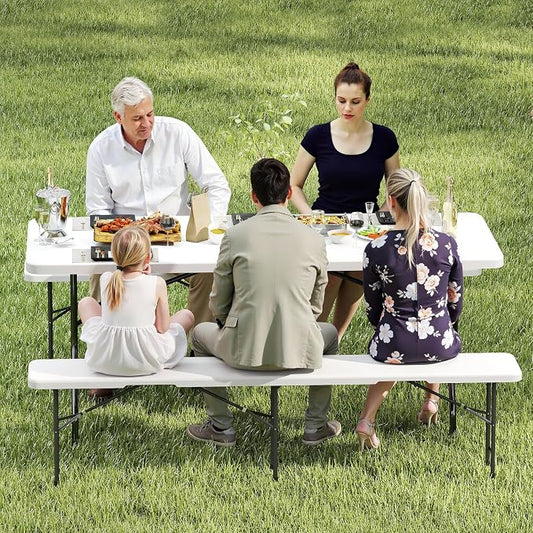 Real Relax 6' Picnic Table with 2 Benches, 3 Piece White Portable HDPE Folding Camping Table and Benches for Courtyard, Garden, Outdoor Leisure, Party