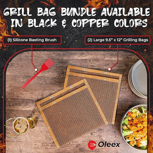 Oleex Non-Stick Large BBQ Grilling Bags Copper Color + Basting Brush - Reusable PTFE Mesh Indoor Outdoor Charcoal Barbecue Grill Bag Accessories, Heat-Resistant Up to 500 F, Dishwasher-Safe