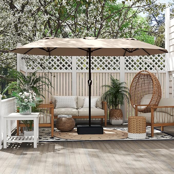 Kingdura 15ft Large Patio Umbrella with Base Included, Double-Sided Rectangle Outdoor Table Umbrella with 12 Reinforced Ribs, Crank Lift for Market Pool Deck Backyard, Beige