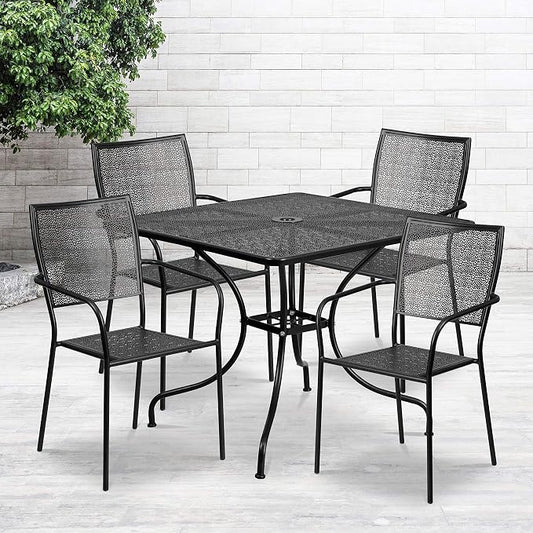 Flash Furniture Oia Commercial Grade 35.5" Square Black Indoor-Outdoor Steel Patio Table Set with 4 Square Back Chairs
