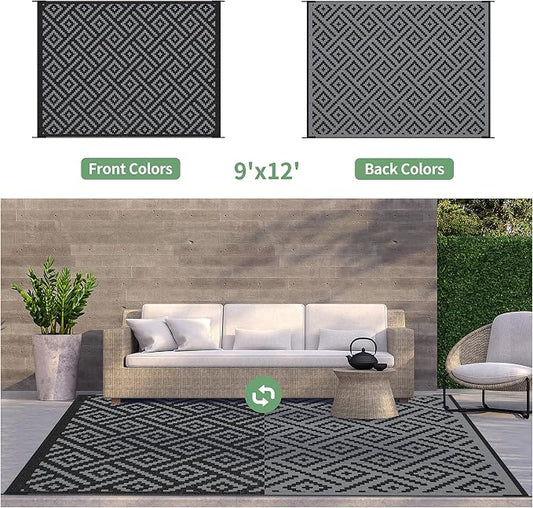GENIMO Outdoor Rug, Waterproof Plastic Rugs 9'x12' for Camping Black Grey | Outside Larger Modern Carpet Mat for Porch Decor, Deck, Balcony, Camping, RV, Backyard, Picnic, Beach, Reversible, Foldable