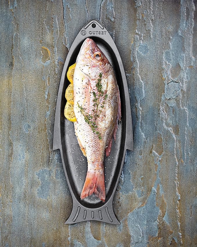 Outset Cast Iron Fish Grill and Serving Pan, 18.9 x 7.28 x 0.98 inch BBQ and Oven Safe Fish Cooking Pan