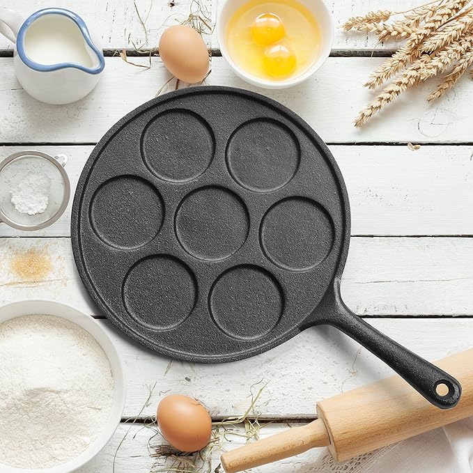 Commercial CHEF Mini Pancake Maker Pan, Pre-Seasoned Cast Iron, Plett Pan with Seven 2.5” Diameter Sections, Works on All Cooktops Including Induction, Outdoor Cookware for Grills, CHCI172