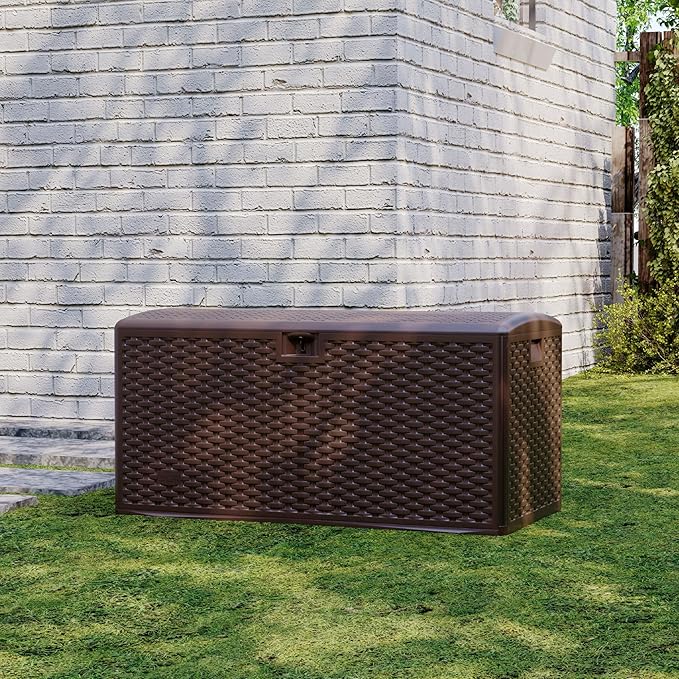 73 Gallon Blow-Molded Outdoor Storage Box, Lockable Storage Chest, Waterproof & UV-Resistant Storage Bin for Patio Cushions, Garden Tools & Pool Accessories, Outdoor Toy Storage Bench, Brown