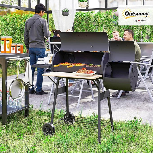 Outsunny Charcoal Grill with Offset Smoker, 231 Sq.In. Cooking Area, Barrel BBQ Grill and Smoker Combo with Side Tables, Shelf, Thermometer, Wheels for Outdoor Patio Backyard Party Event Gathering