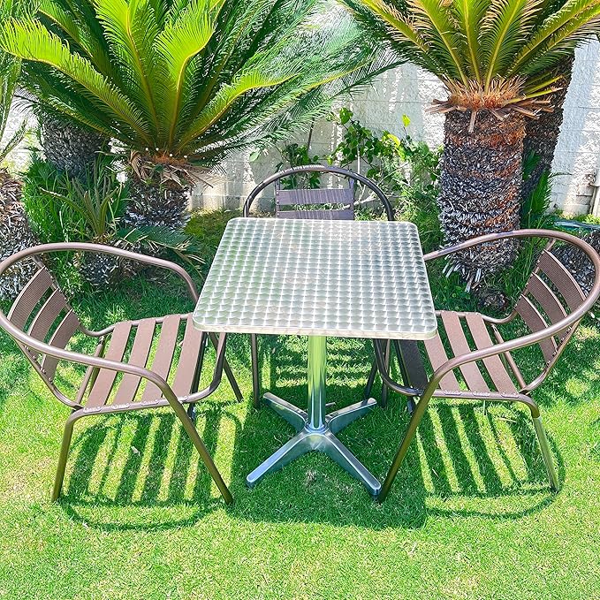 BTEXPERT Indoor Outdoor 23.75" Restaurant Stainless Steel Aluminum Metal Slat Stack Commercial Lightweight, 3 Chairs with a Square Table, Silver/Bronze