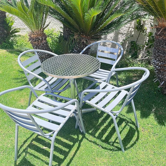 Gray Indoor Outdoor 23.75" Restaurant Stainless Steel Silver Aluminum + 4 Metal Slat Stack Lightweight, 4 Chairs with a Round Table