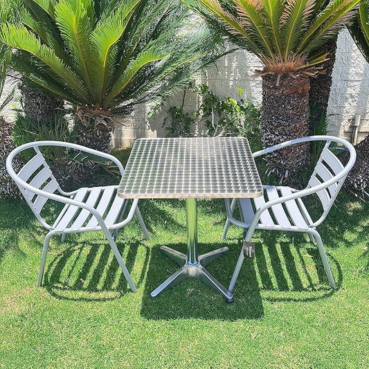 BTEXPERT Indoor Outdoor 23.75" Restaurant Stainless Steel Aluminum + 2 Silver Gray Metal Slat Stack Commercial Lightweight, 2 Chairs with a Square Table
