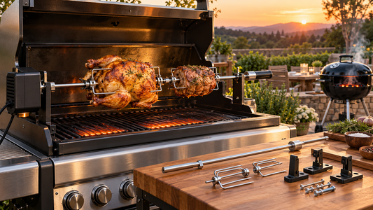 Learn how to choose the best grill rotisserie kit by motor power, weight capacity, spit length, materials and compatibility for evenly cooked backyard BBQ.