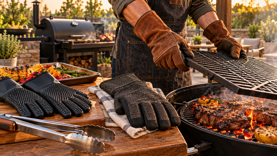Heat-resistant BBQ grill gloves protecting hands while handling hot grates, grilling tools and smoked meat