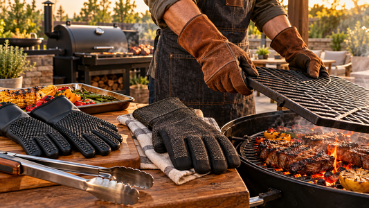 Heat-resistant BBQ grill gloves protecting hands while handling hot grates, grilling tools and smoked meat