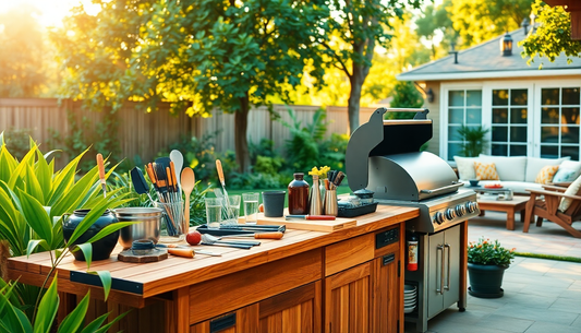 Best BBQ grill accessories including grilling tools, meat thermometer, grill gloves, grill cover, and cleaning brush for backyard cooking