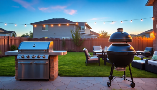 Gas grill and charcoal grill side by side in a backyard outdoor cooking area