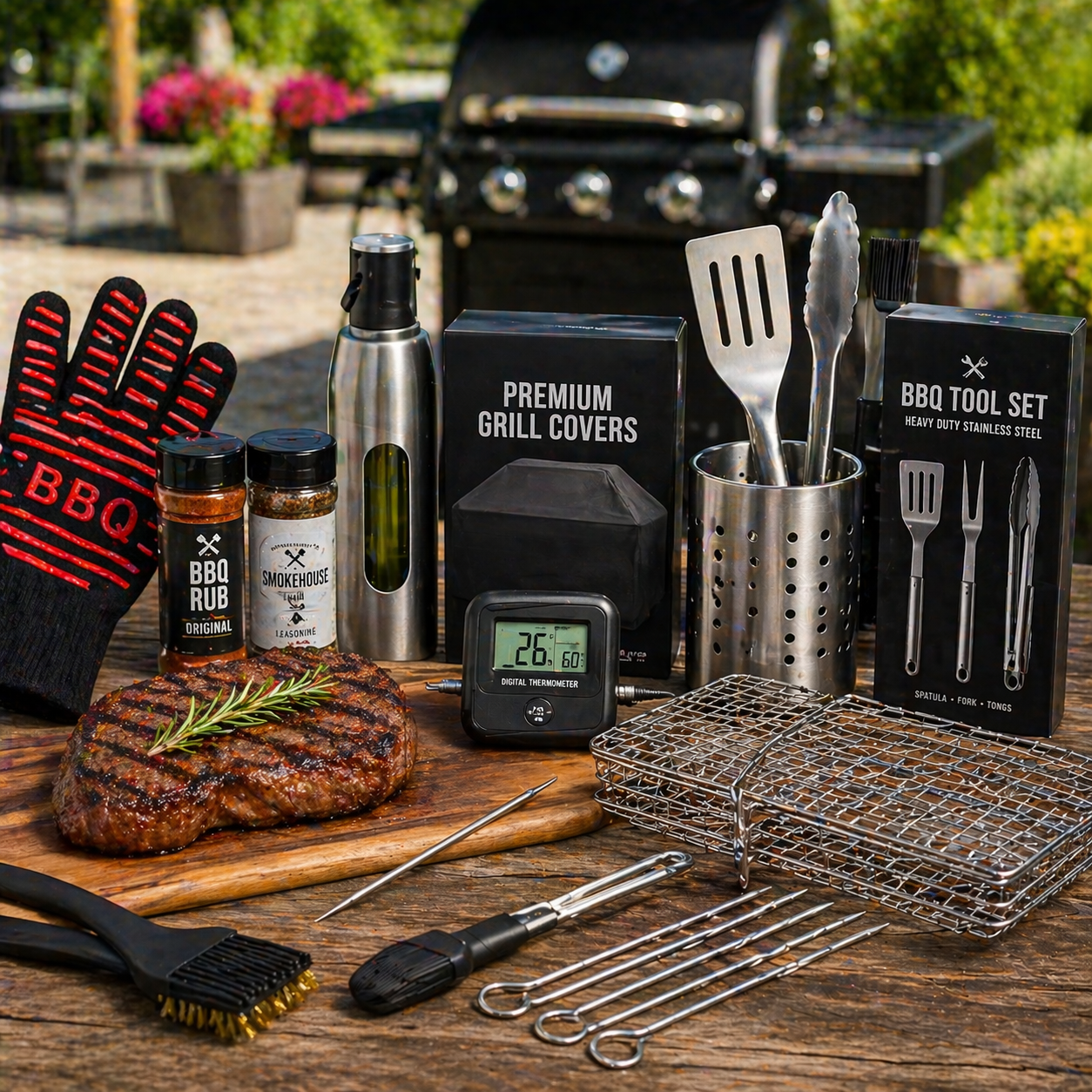 BBQ accessories with grill tools meat thermometer grill basket and outdoor backyard cooking essentials setup