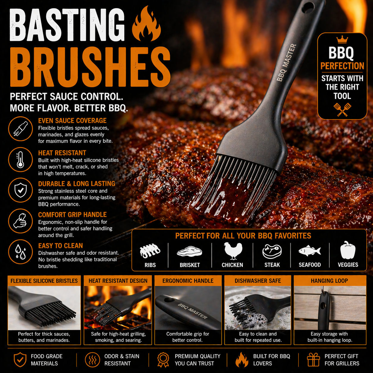 BBQ basting brush with heat resistant silicone bristles for sauce butter glaze application and backyard grilling preparation