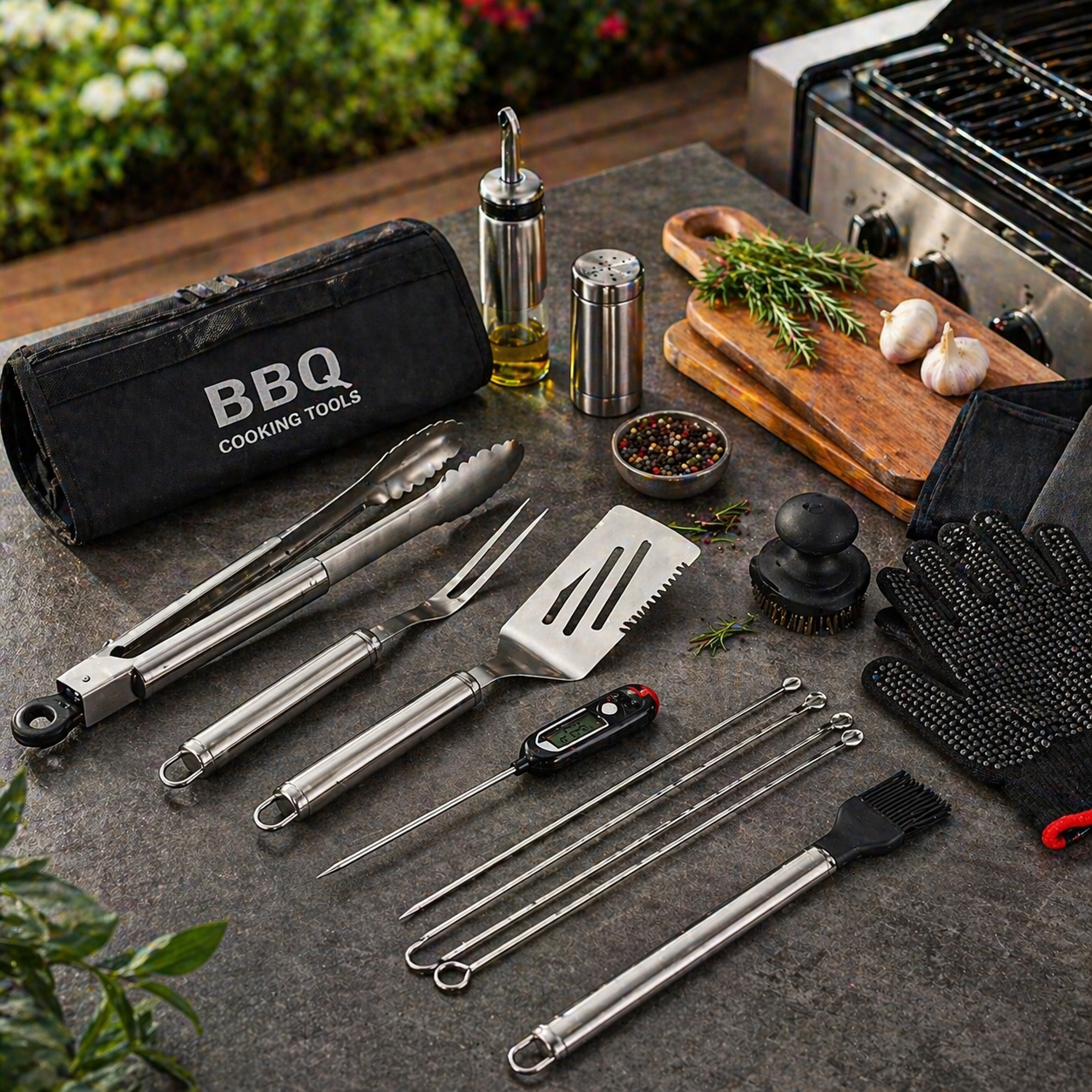 BBQ cooking tools with grill tongs spatulas meat thermometer and outdoor grilling essentials for backyard BBQ cooking