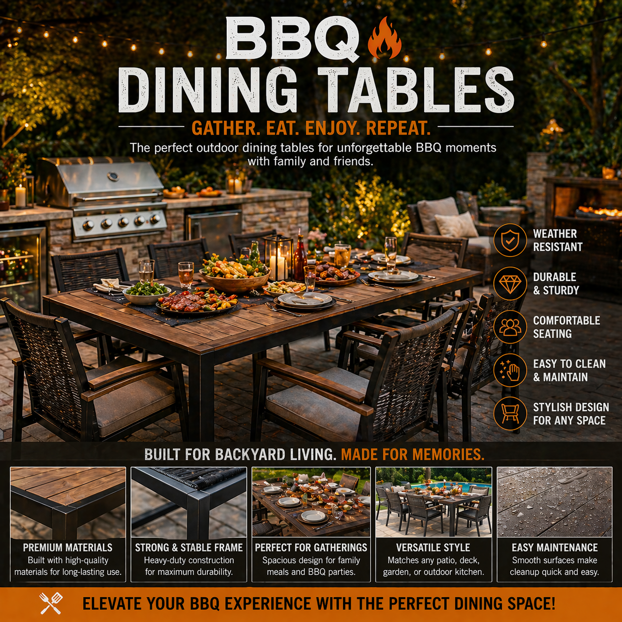 BBQ dining table with outdoor patio seating for backyard grilling family gatherings and premium outdoor kitchen entertaining