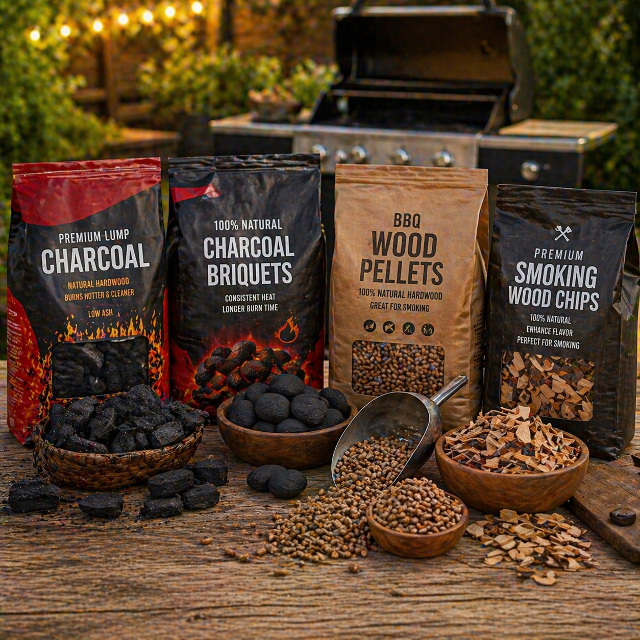 BBQ fuel with charcoal briquettes wood pellets and smoking wood chips for outdoor grilling and backyard BBQ cooking