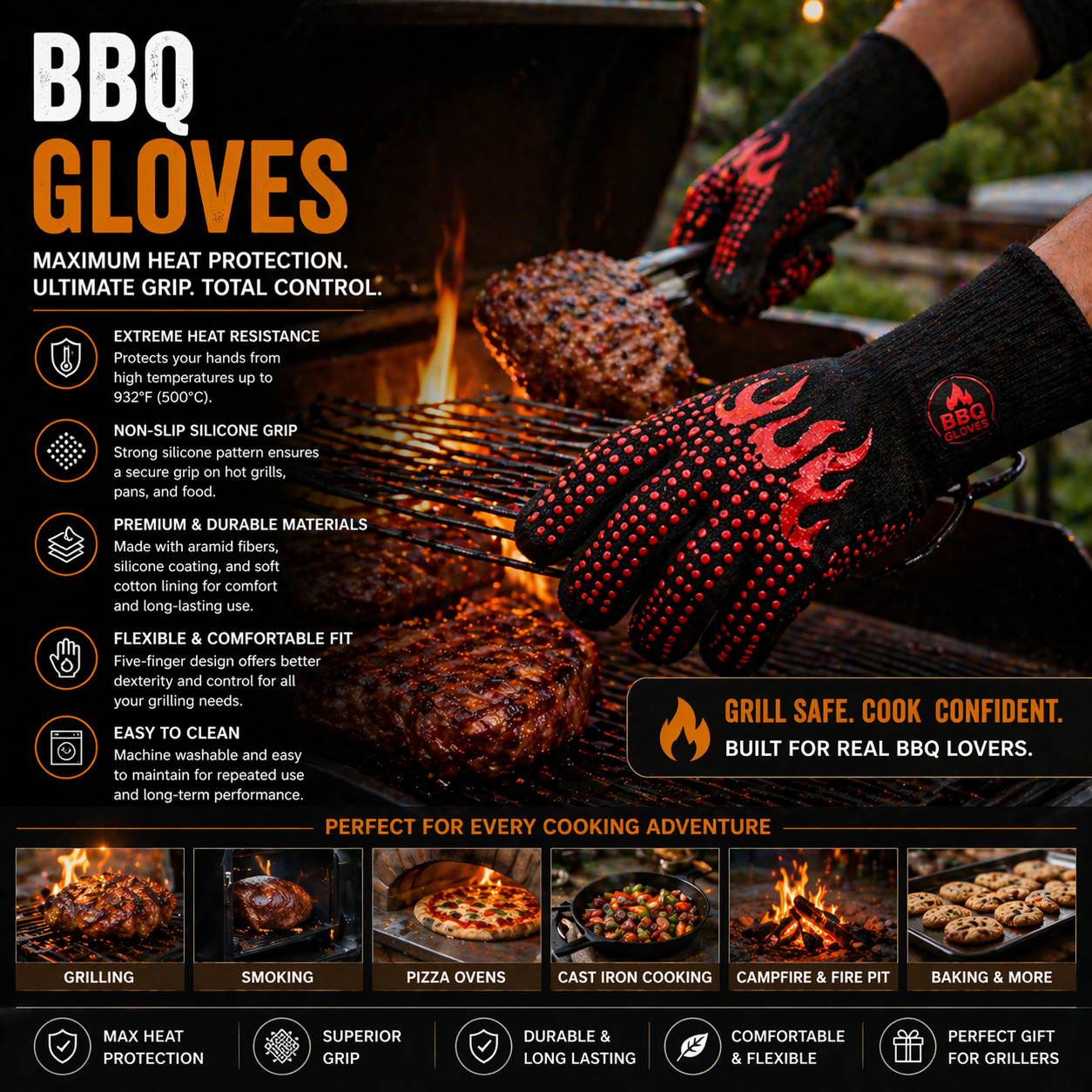 BBQ gloves with heat resistant grilling protection non-slip grip and outdoor cooking safety for grill and smoker use