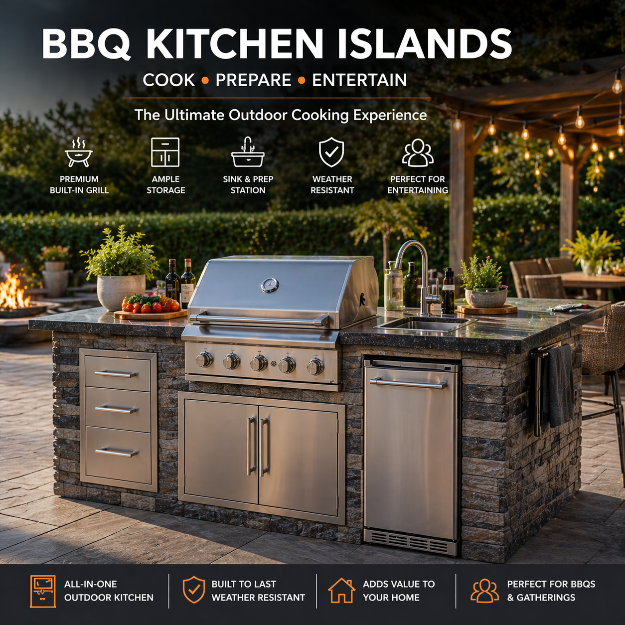 BBQ kitchen island with built-in grill prep counter outdoor cabinets and backyard entertaining space