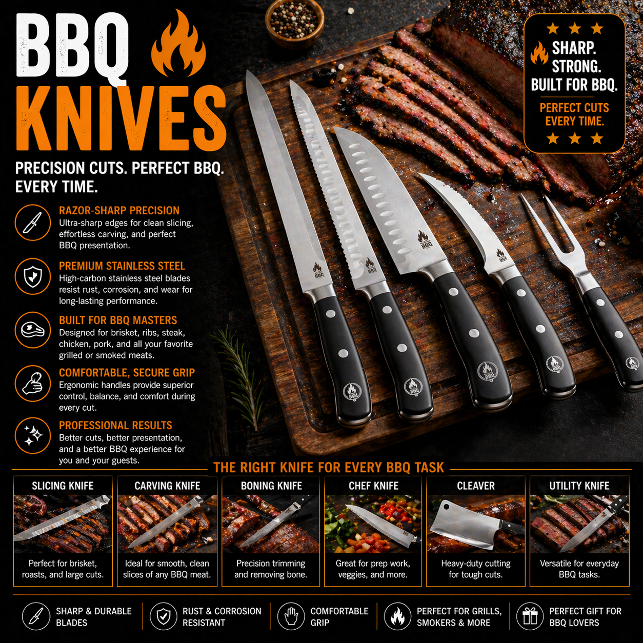 BBQ knives with stainless steel blades for brisket slicing steak cutting ribs carving and backyard grilling preparation