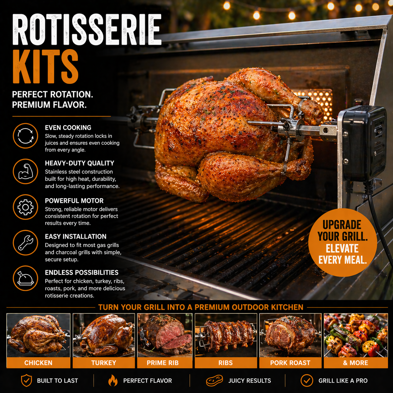 BBQ rotisserie kit with stainless steel spit rod motorized grill roasting chicken and backyard outdoor cooking setup