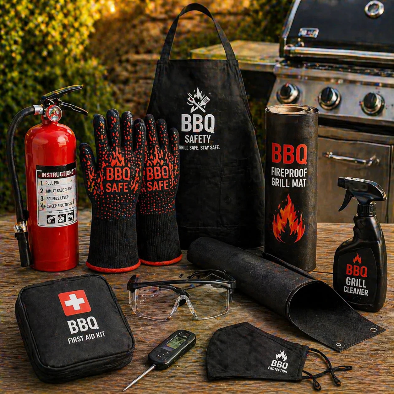 BBQ safety equipment with grill gloves fireproof mat BBQ apron and outdoor grill safety essentials for backyard cooking