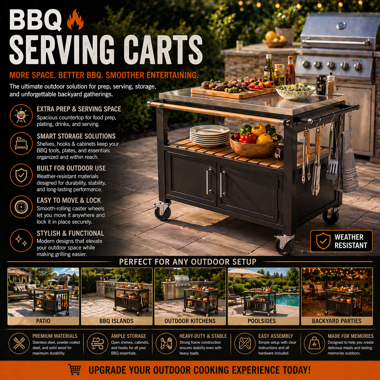 BBQ serving cart with outdoor storage shelves stainless steel top and mobile grill prep station for backyard patio entertaining