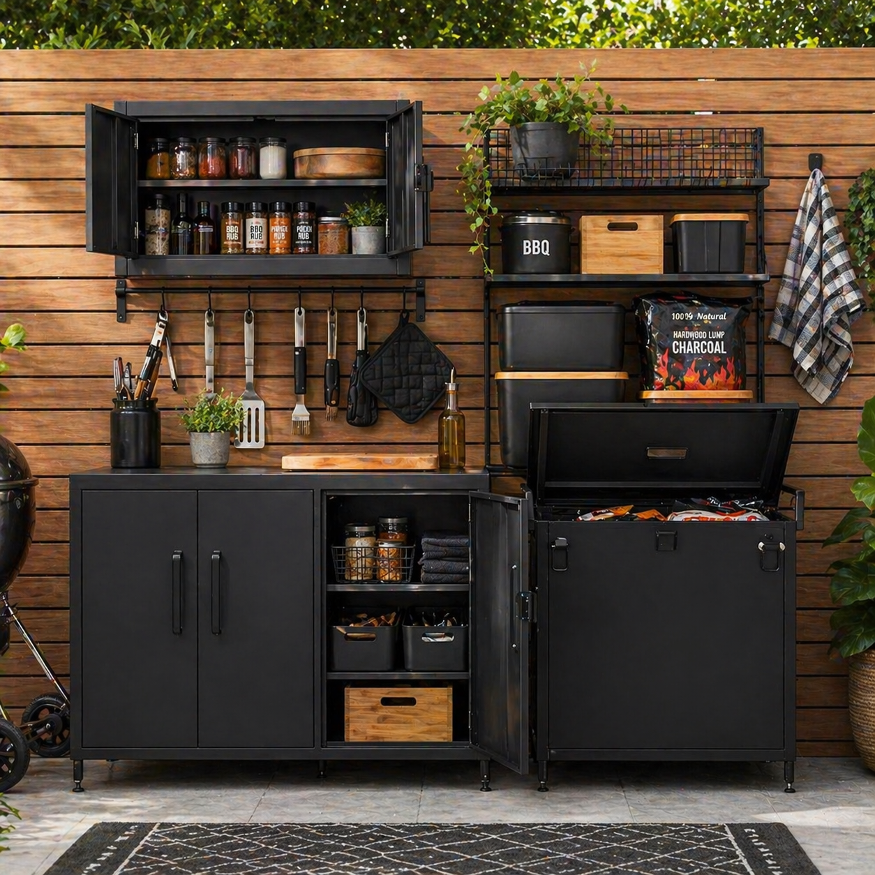 BBQ storage and organization setup with grill cabinets outdoor storage cart BBQ tool organizers and backyard kitchen essentials