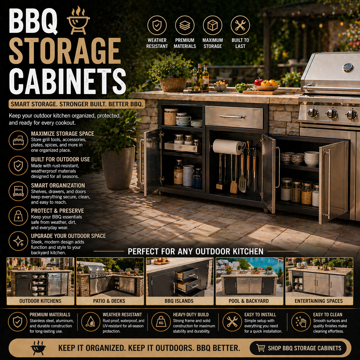 BBQ storage cabinet with outdoor kitchen shelves drawers stainless steel storage and backyard grill organization for patio cooking spaces
