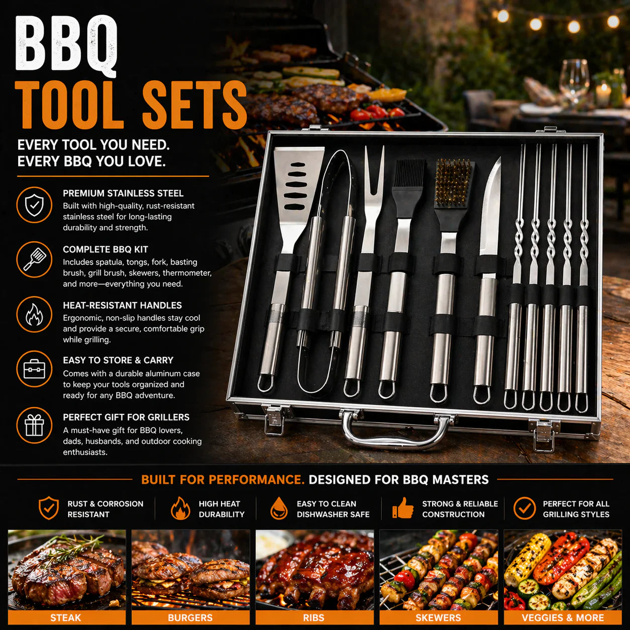 BBQ tool set with stainless steel grill accessories tongs spatula thermometer and backyard grilling essentials