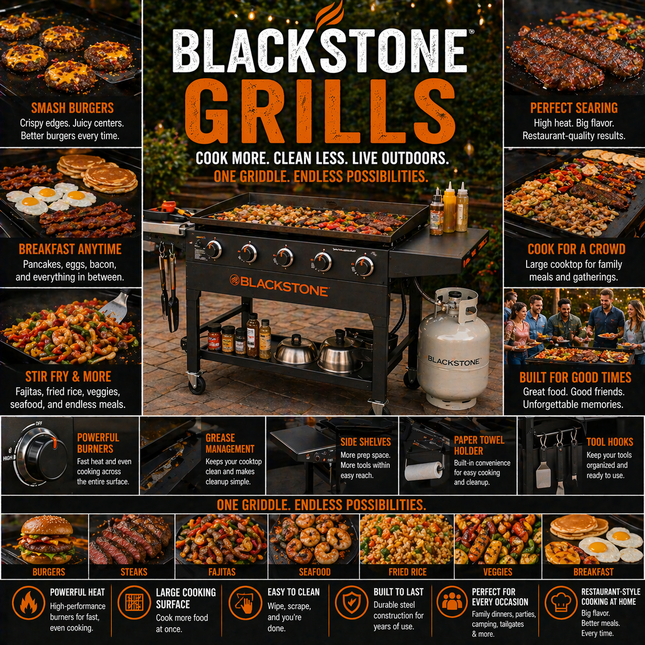 Blackstone flat top grill with outdoor gas griddle setup for backyard cooking and family BBQ meals