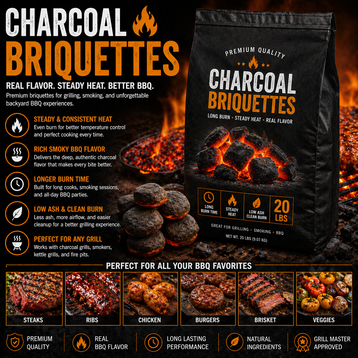 Charcoal briquettes for BBQ grilling with long burn time smoky flavor and consistent heat for backyard charcoal grill cooking