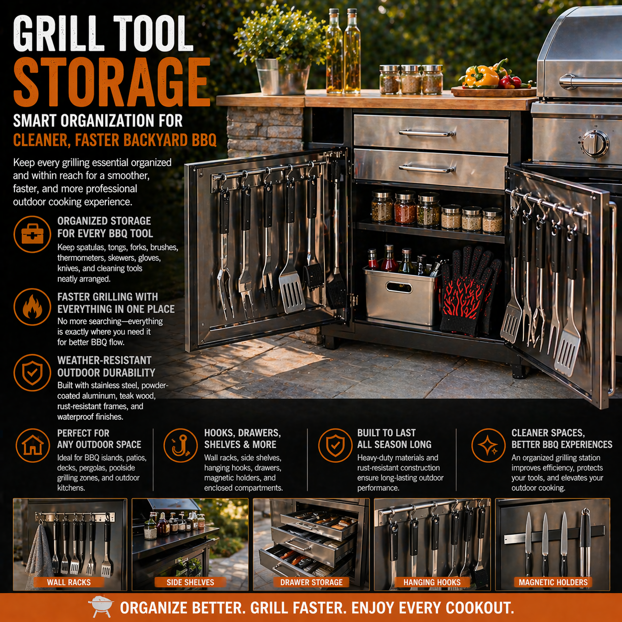 Cleaner Spaces, Better BBQ Experiences An organized grilling station improves efficiency, protects your tools, and creates a polished outdoor cooking space that feels premium and stress-free.