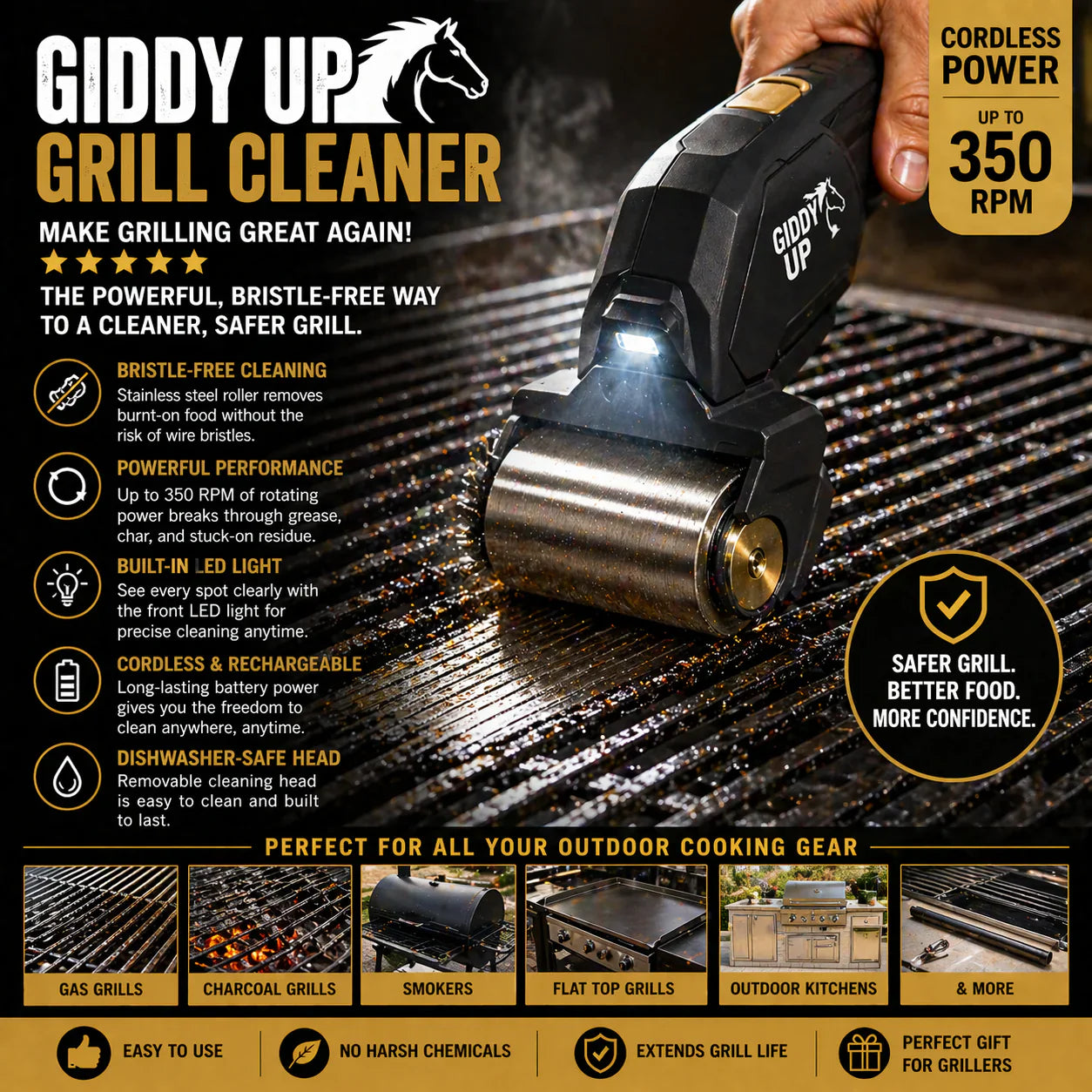 Shop Giddy Up Grill Cleaner with cordless power, stainless steel roller, LED light, and bristle-free deep cleaning for safer, faster backyard BBQ maintenance.