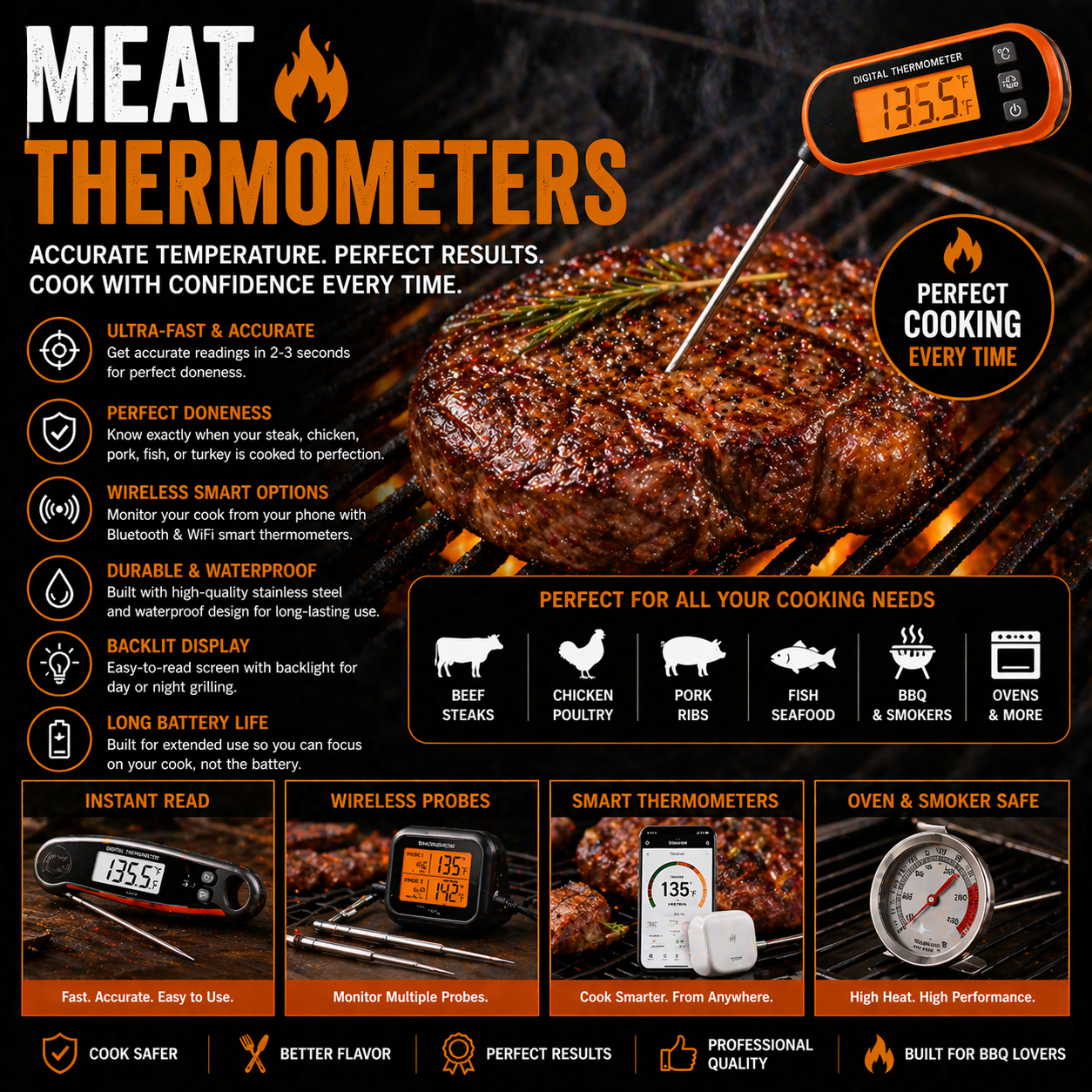 Digital meat thermometer with instant read probe for BBQ grilling smoking steak chicken and outdoor cooking temperature control