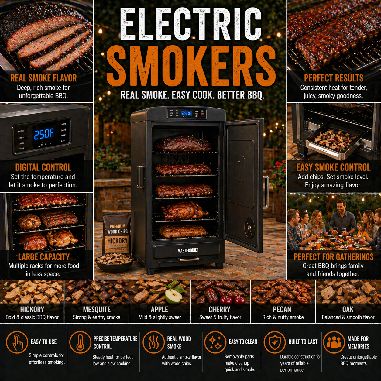 Electric smoker cabinet with digital BBQ smoking setup for brisket ribs and easy backyard outdoor cooking