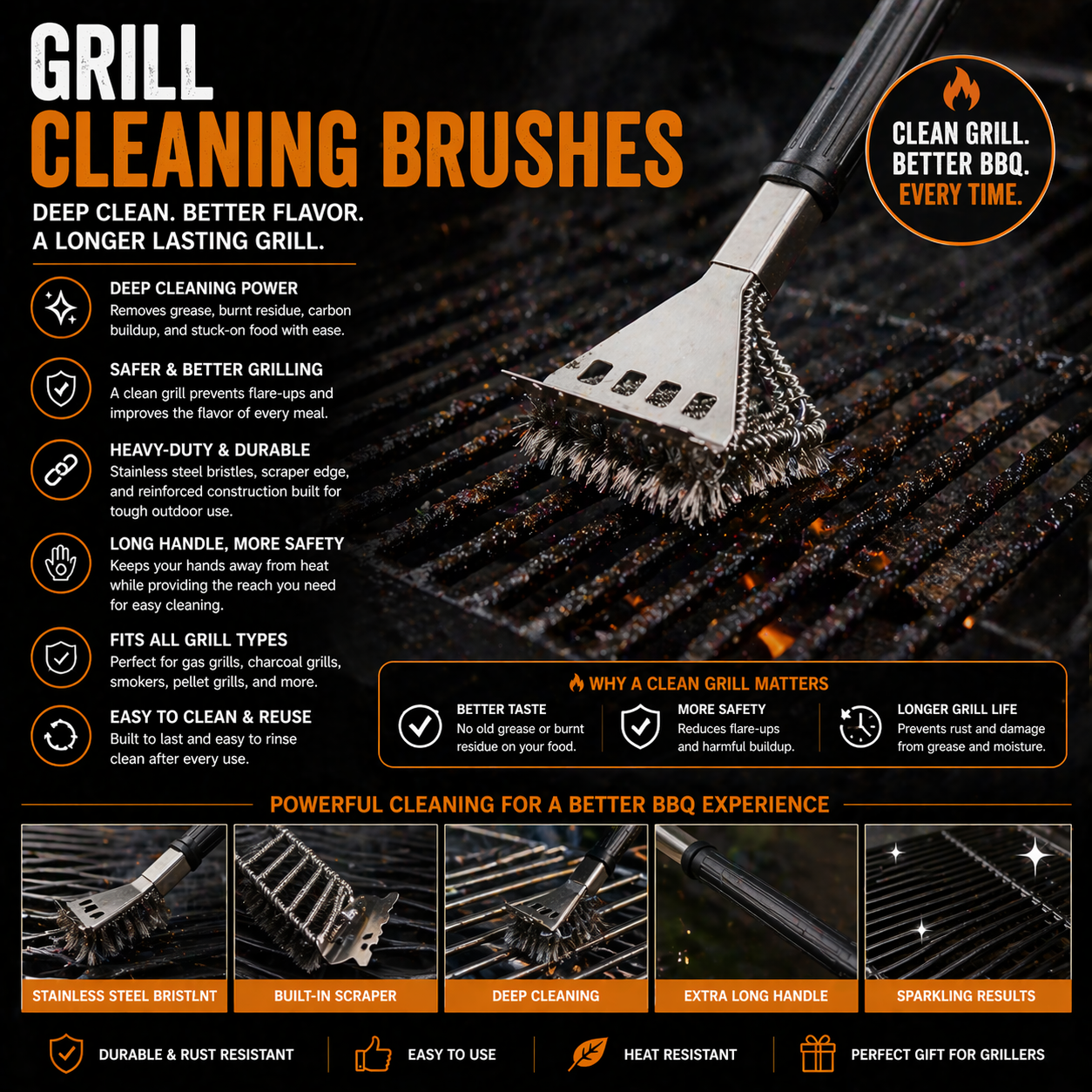 Grill cleaning brush with stainless steel bristles scraper and long handle for BBQ grill grate cleaning and outdoor maintenance