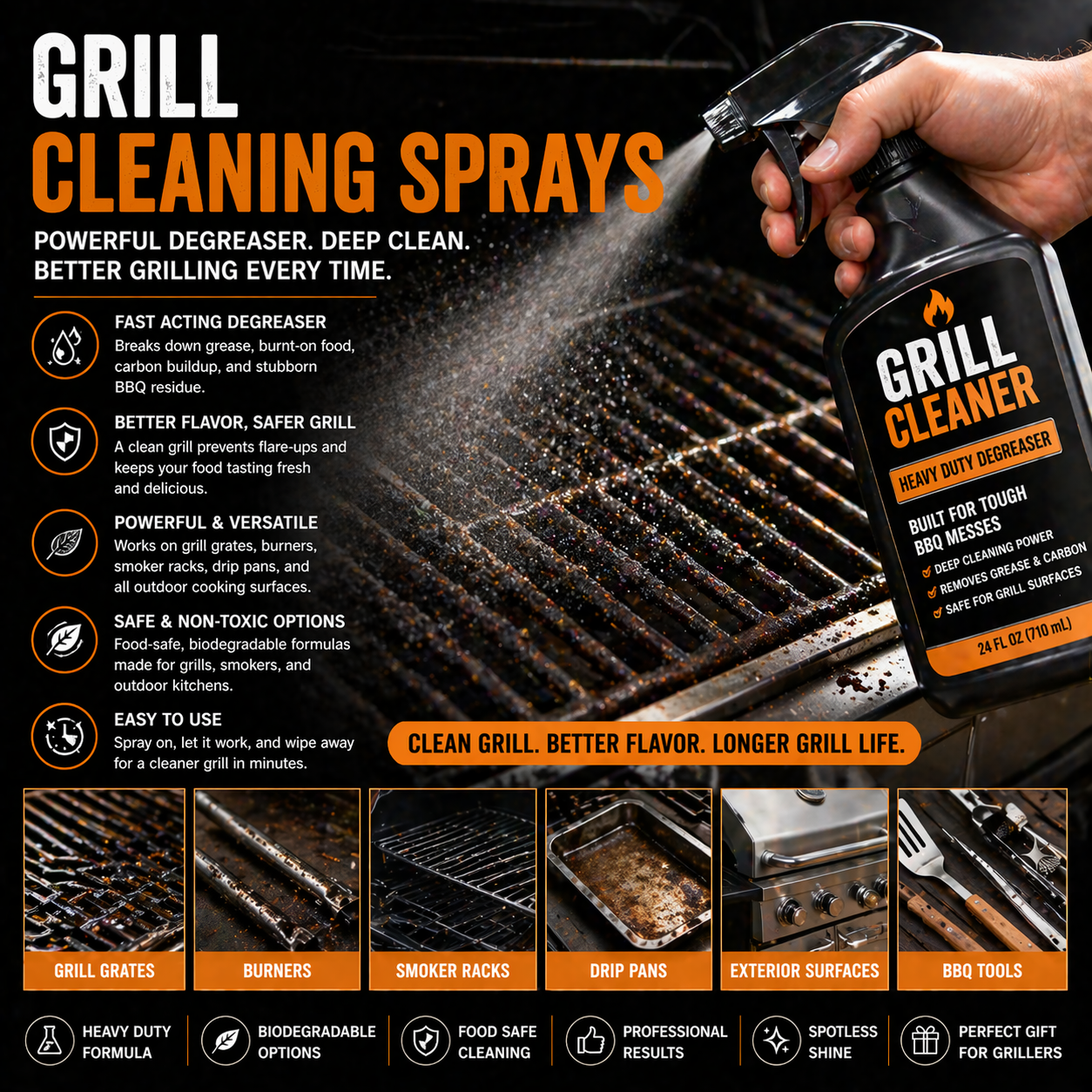Grill cleaning spray with powerful degreaser for BBQ grill grates smoker racks burners and outdoor cooking surface cleaning