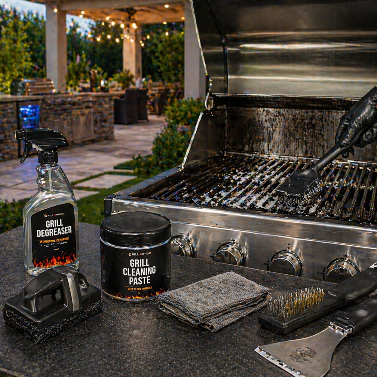 Grill cleaning tools with BBQ brushes scraper degreaser and outdoor grill maintenance setup for backyard cooking