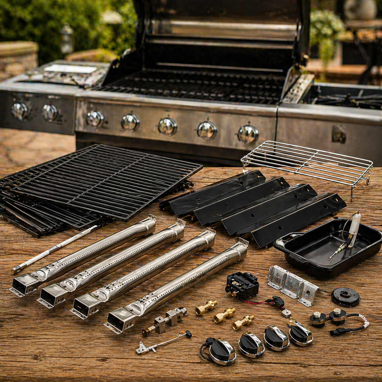 Grill repair parts with burners grates igniters and BBQ replacement accessories for outdoor grill maintenance