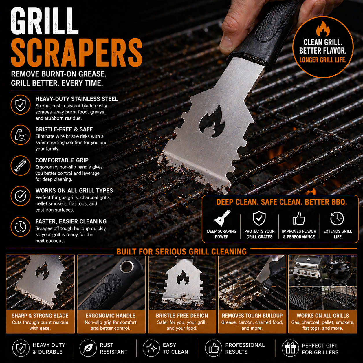 Grill scraper with stainless steel blade for BBQ grill grate cleaning bristle free outdoor grill maintenance and deep residue removal