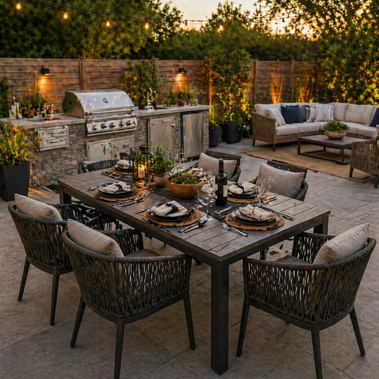 Luxury BBQ outdoor furniture with patio dining set backyard seating and outdoor kitchen entertainin