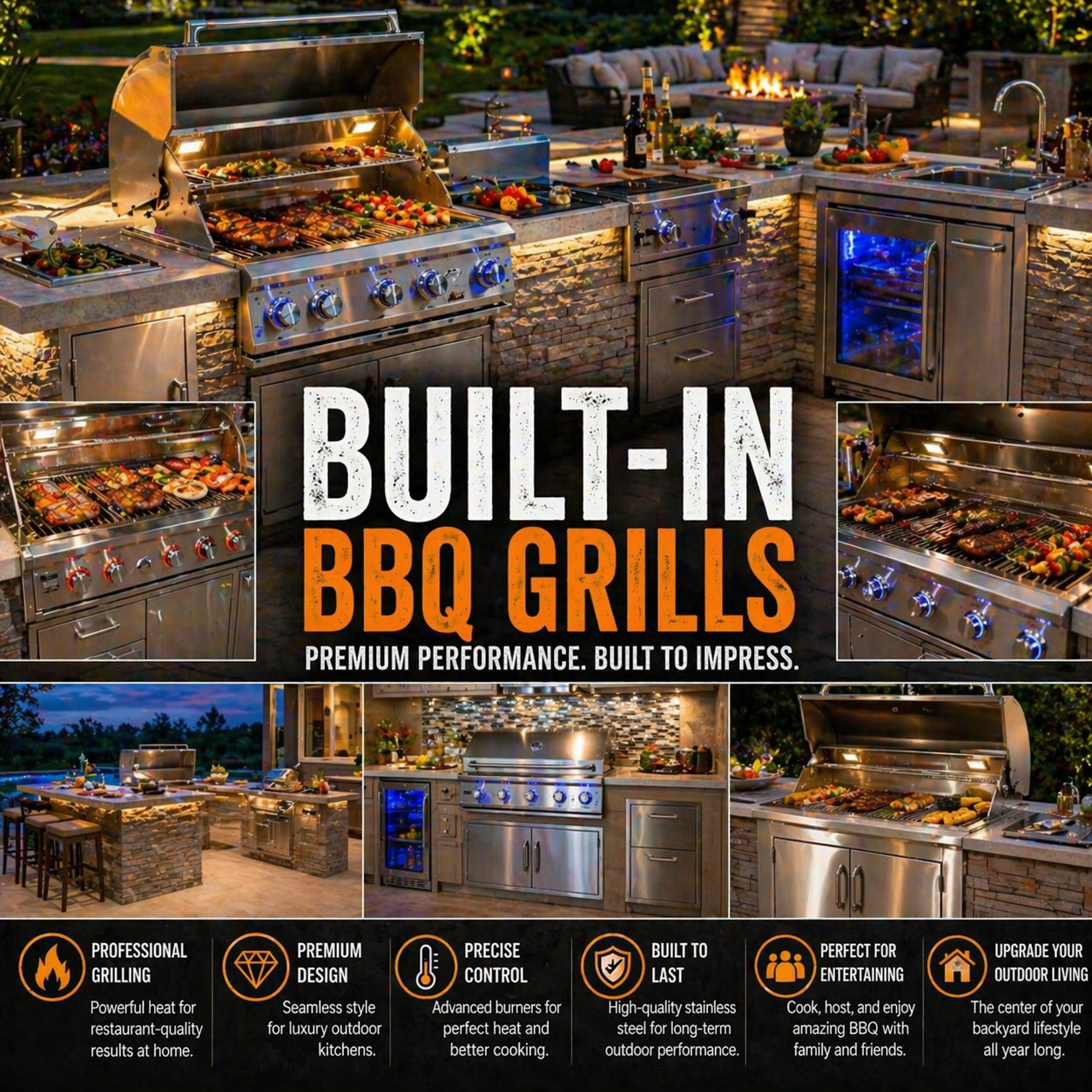 Luxury built-in BBQ grill with stainless steel outdoor kitchen setup for premium backyard grilling and outdoor cooking